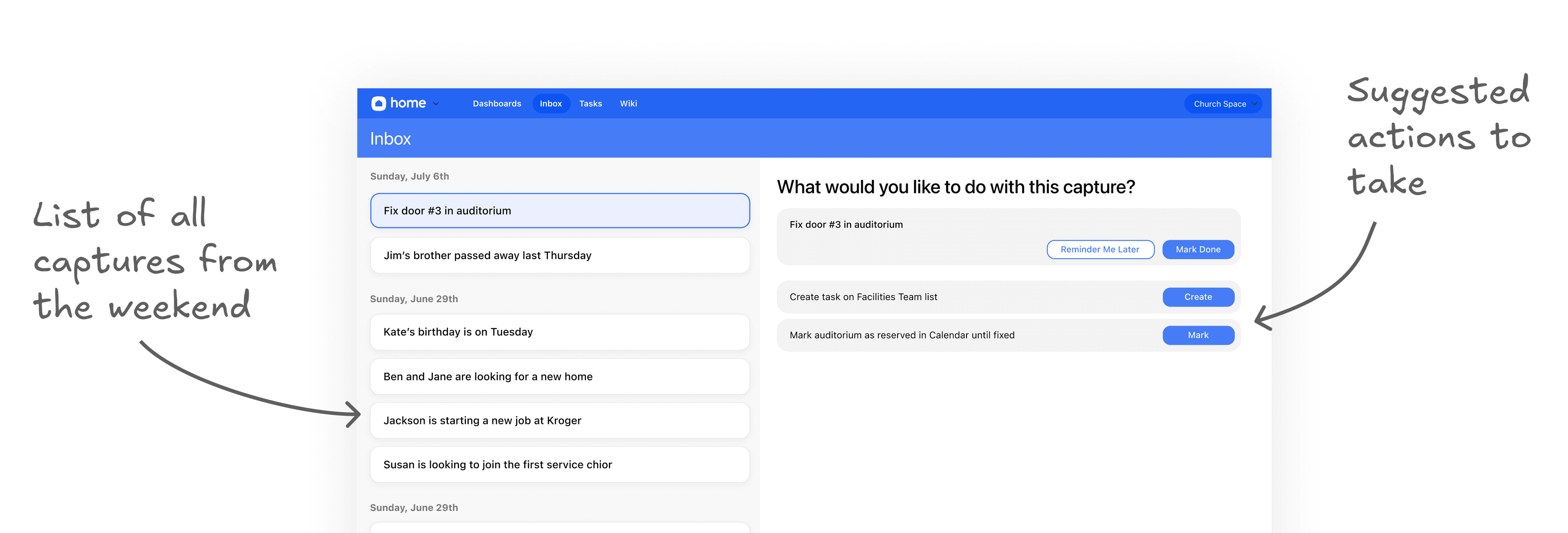 Planning Center Capture Inbox Mockup