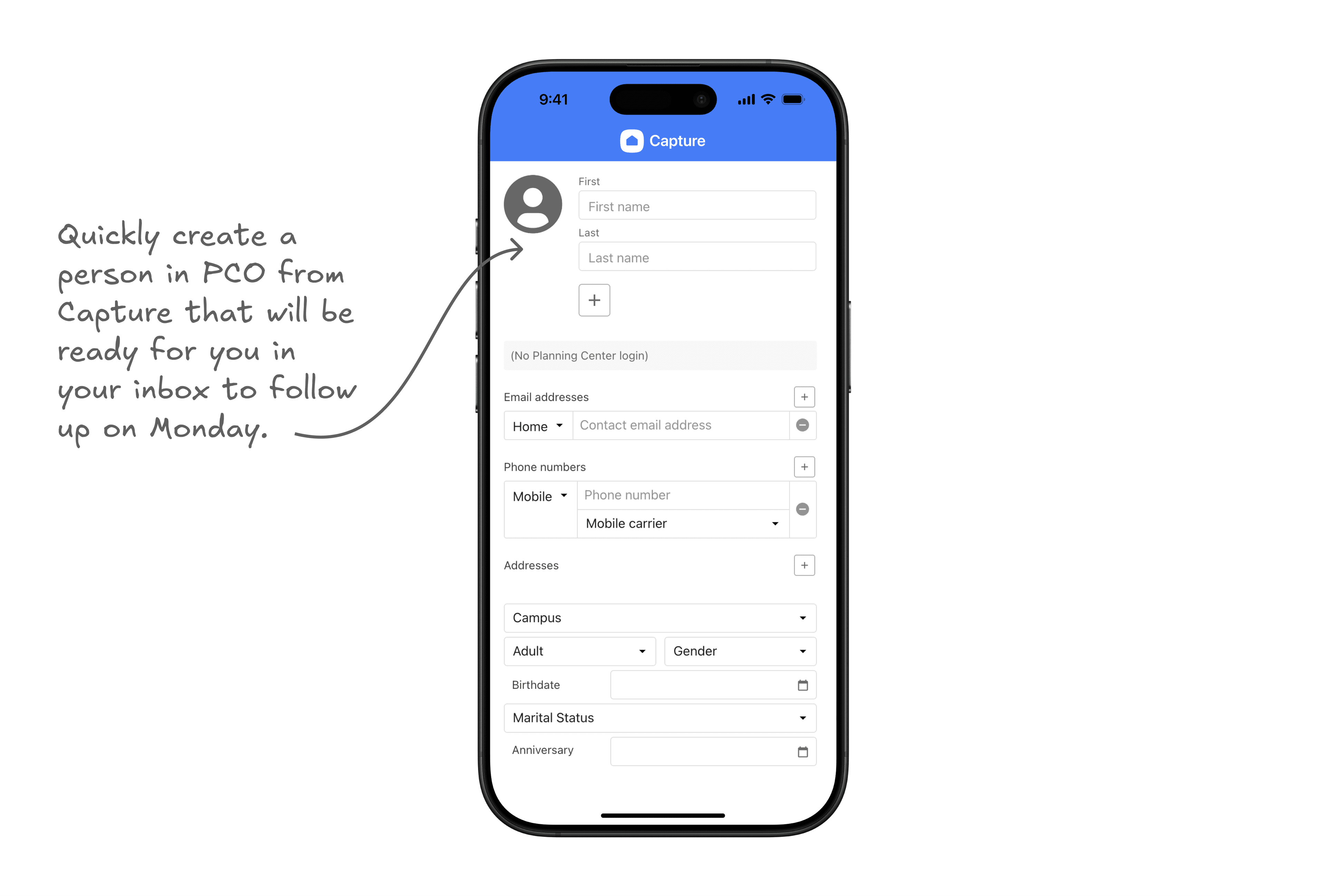 Planning Center Capture Mobile App Mockup